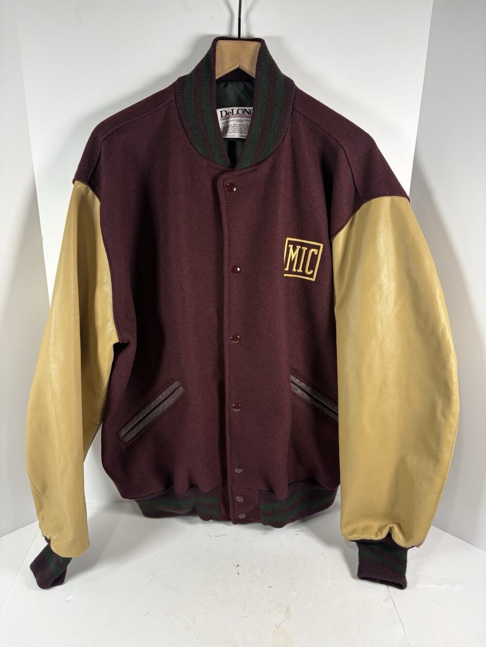 Vintage DeLong MIC Varsity Jacket XL Burgundy Wool Leather Sleeves USA Letterman